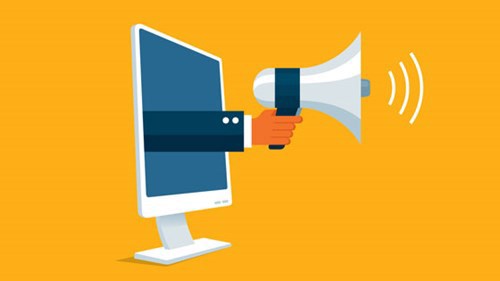 rendering of a computer monitor with an arm sticking through it holding a megaphone